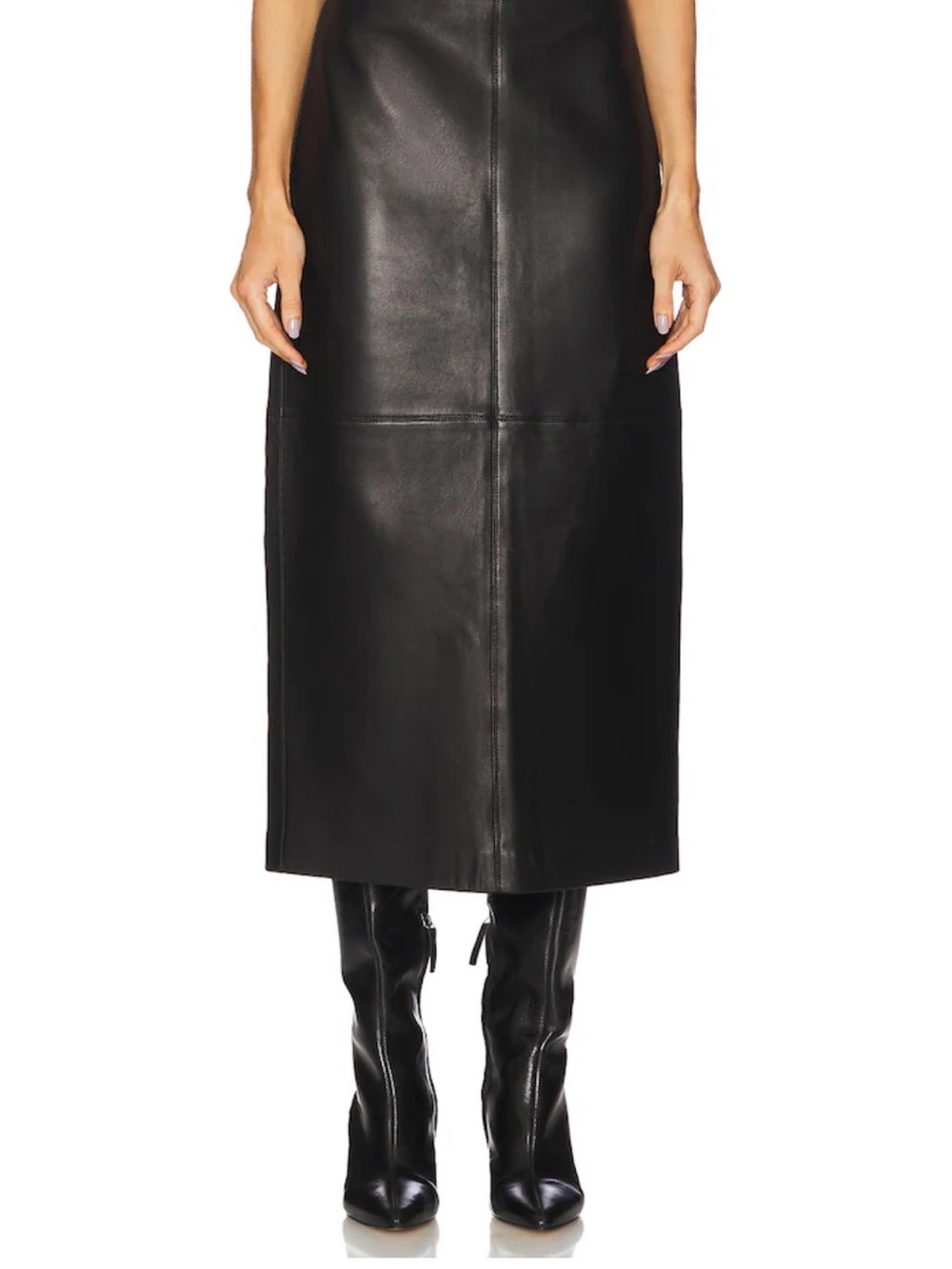 Black 100% Lamb Leather Midi Skirt - Sleek Straight Silhouette
